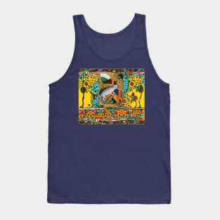 WEIRD MEDIEVAL BESTIARY MAKING MUSIC, Cat Playing Organ,Harpist Rabbit,Snail Cat in Yellow Blue Tank Top